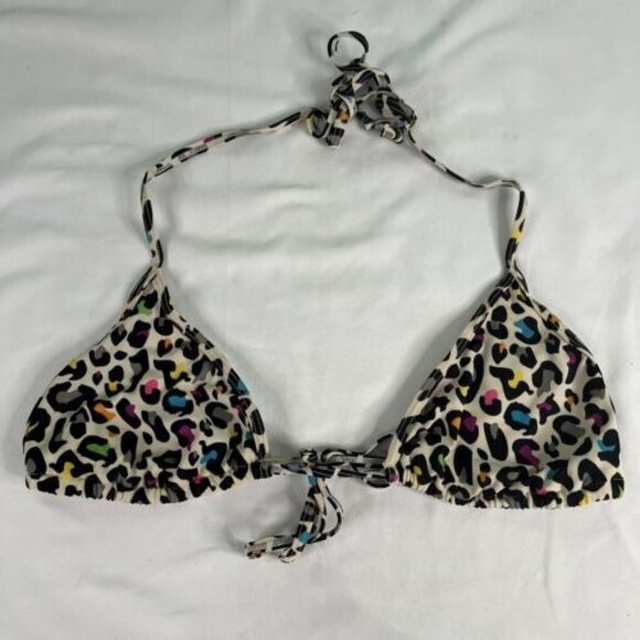 Victorias Secret Pink Size M Rainbow Cheetah Print Tie Bikini Top Y2K Lisa Frank - Picture 1 of 6